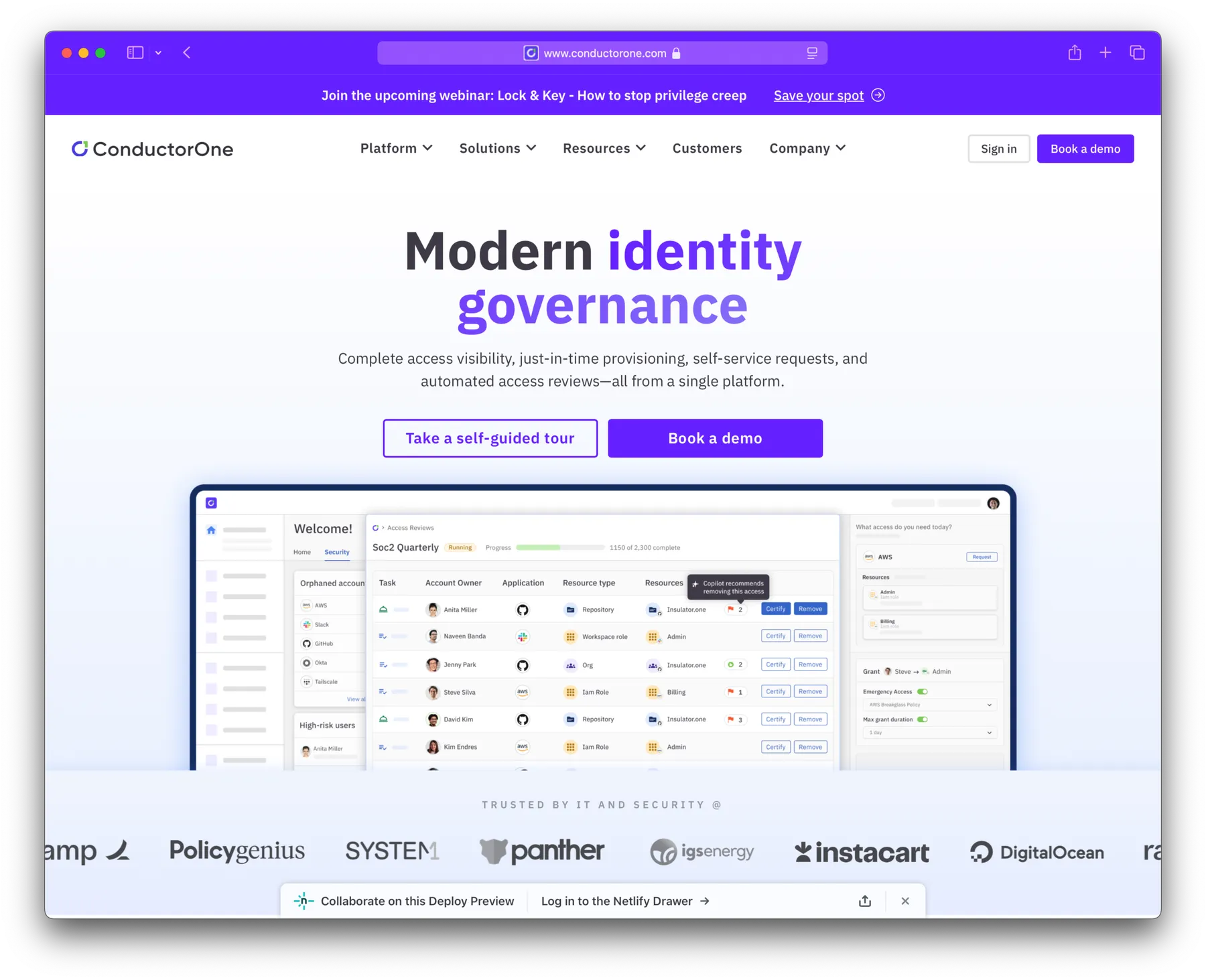 ConductorOne website desktop screenshot - Homepage