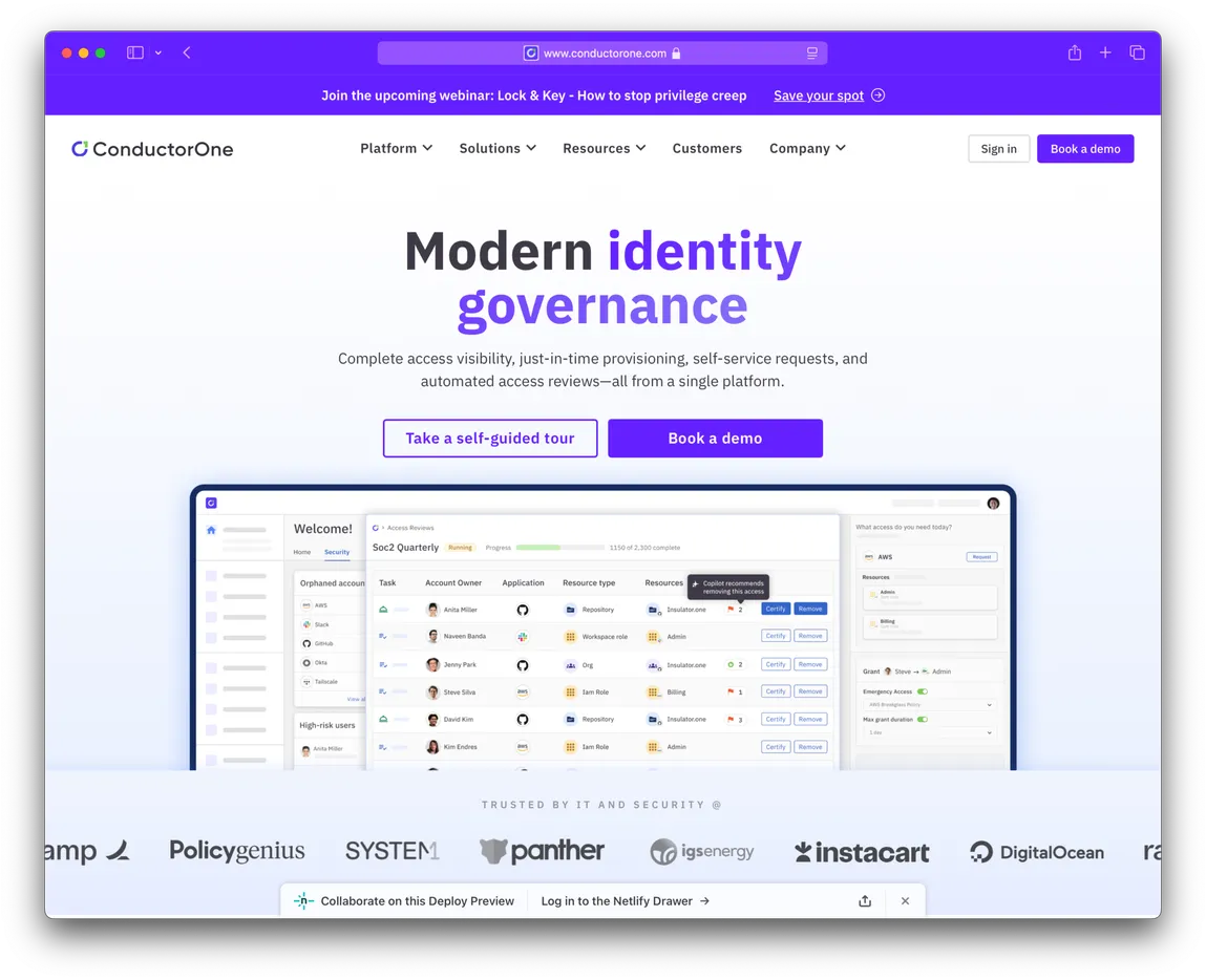 ConductorOne website desktop screenshot - Homepage
