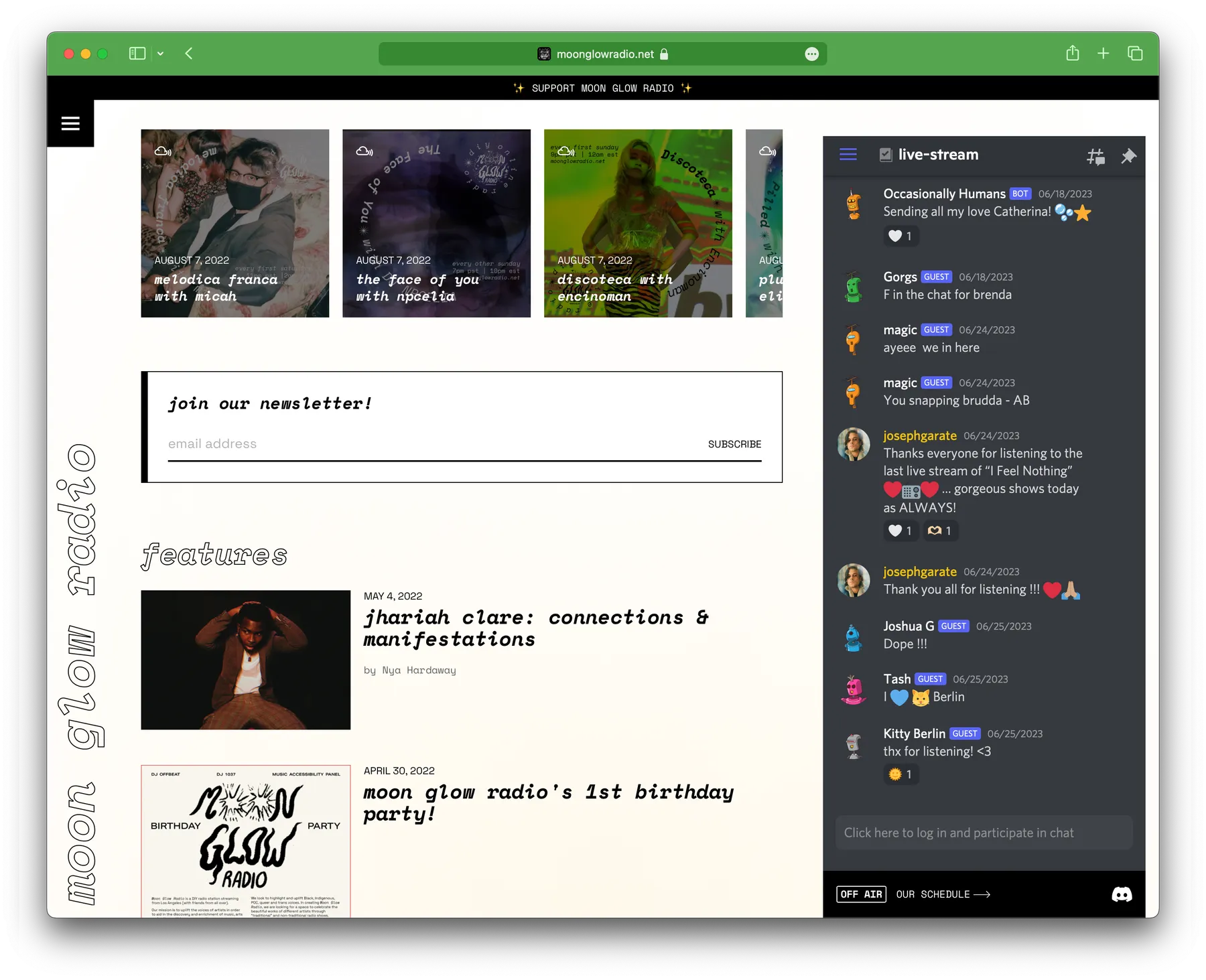 Moon Glow Radio desktop website screenshot